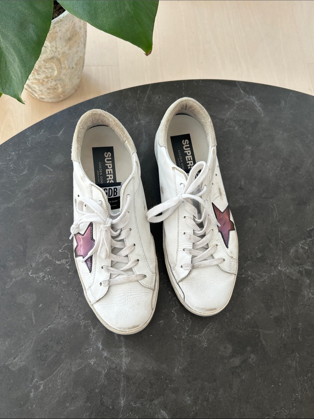 Golden Goose Superstar White Leather Low-Top Sneakers with Navy star